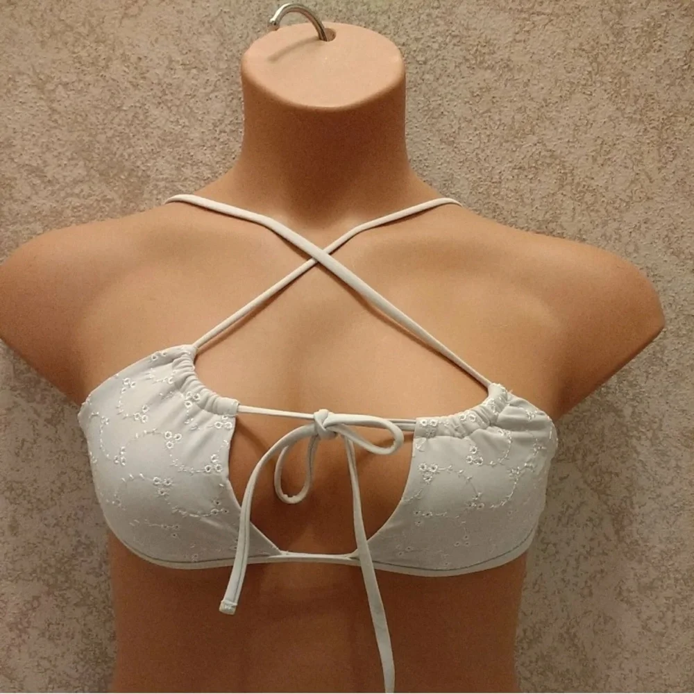La Hearts White Embroidered Halter Bikini Top
